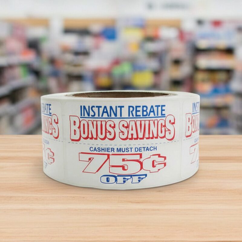 75 cents off bonus savings coupon sticker on a roll of rectangle white labels with red and blue print