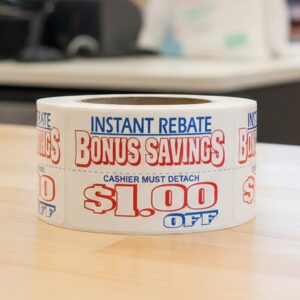 1 dollar off bonus savings coupon sticker on a roll of rectangle white labels with red and blue print