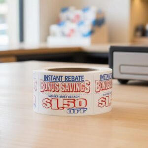 1 dollar and 50 cents off bonus savings coupon sticker on a roll of rectangle white labels with red and blue print