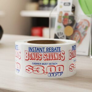 3 dollars off bonus savings coupon sticker on a roll of rectangle white labels with red and blue print