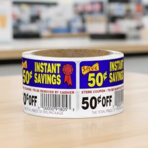 50 cents off instant savings coupon sticker on a roll of rectangle white labels with red, yellow and blue print