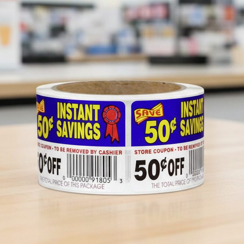 50 cents off instant savings coupon sticker on a roll of rectangle white labels with red, yellow and blue print