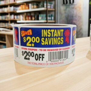 2 dollars off instant savings coupon sticker on a roll of rectangle white labels with red, yellow and blue print