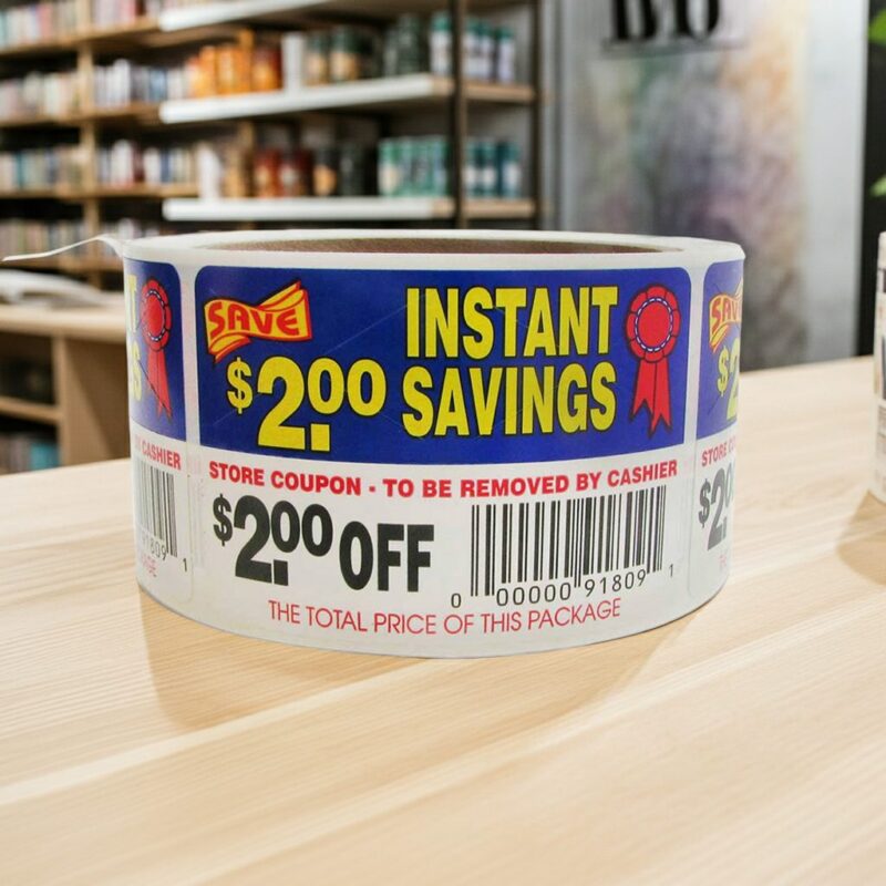 500816-$2-Off-In-Store-Coupon-Label-Stickers-Instant-Savings 2 dollars off instant savings coupon sticker on a roll of rectangle white labels with red, yellow and blue print