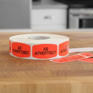 As advertised sticker on a dayglo label