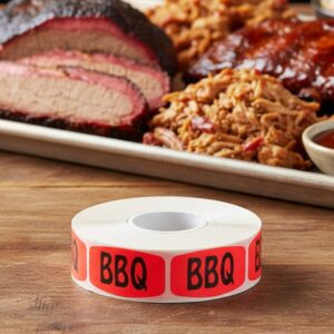 BBQ label on rectangular red label on roll of stickers