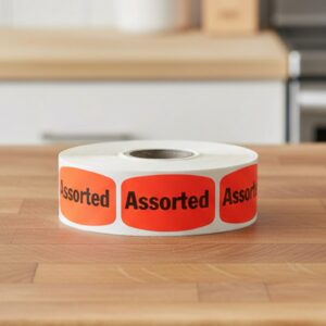 Assorted sticker on a red label with black print