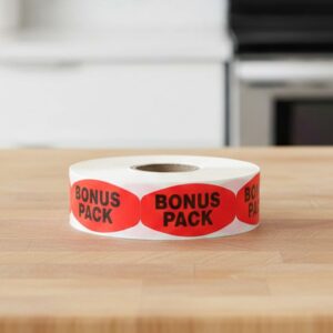 bonus pack sticker on a red label with black print