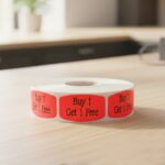 buy 1 get 1 free sticker on a red label with black print