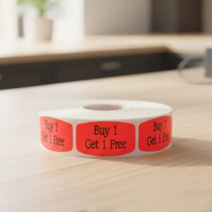 buy 1 get 1 free sticker on a red label with black print