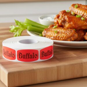 buffalo sticker on a red label with black print