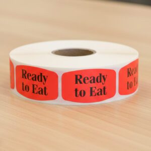 ready to eat sticker on a red label with black text
