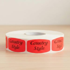 country style sticker on a red label with black print