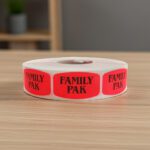 family pack sticker on a red label with black print