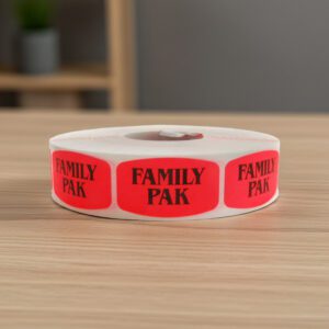 family pack sticker on a red label with black print