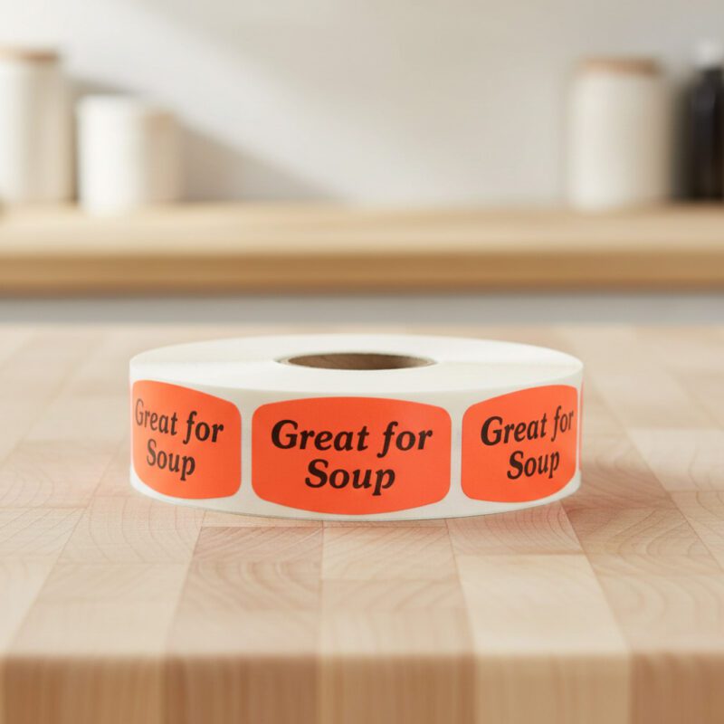 great for soup sticker on a red label with black print