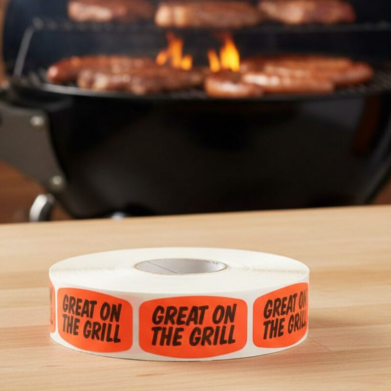 510044-Great-on-the-Grill-Label-Stickers2 Great in the grill red sticker with black print on a roll of labels