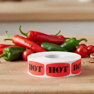 hot sticker on a red label with black print