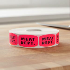 meat department sticker on a red label with black text
