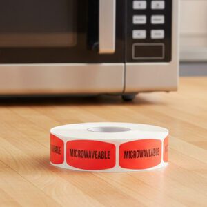 microwaveable sticker on a red label with black text