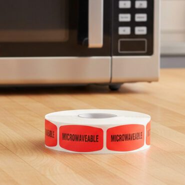 microwaveable sticker on a red label with black text