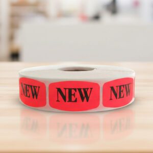 new sticker on a red label with black text