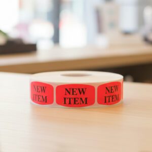 new item sticker on a red label with black text