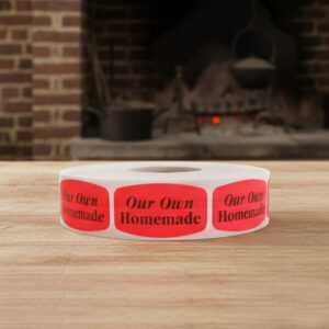 homemade sticker on a red label with black text
