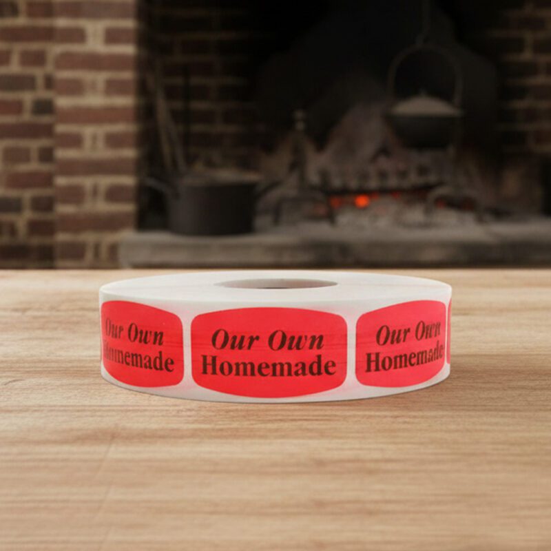 510068-Our-Own-Homemade-Deli-Label homemade sticker on a red label with black text