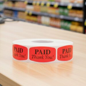 Paid thank you sticker on a red label with black print