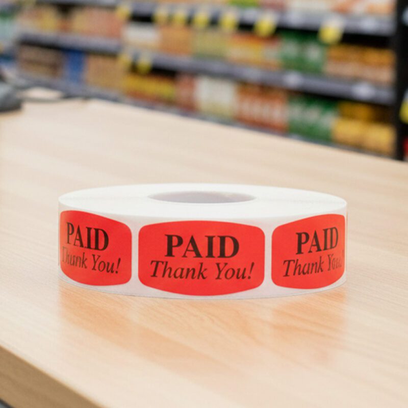 510071-Paid-Thank-You-Label-Stickers Paid thank you sticker on a red label with black print