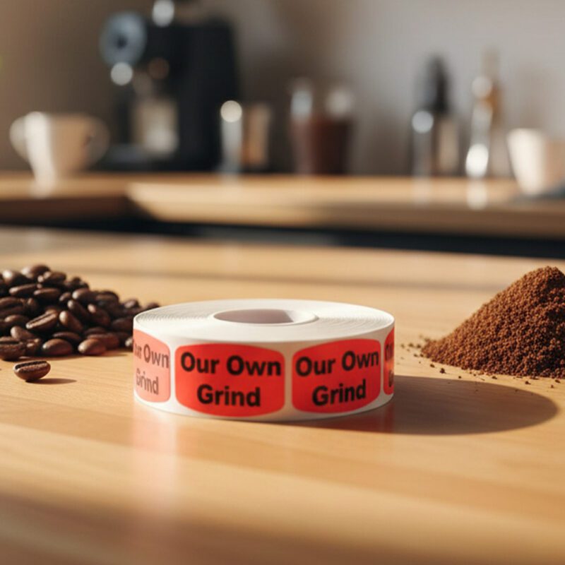 coffee grounds sticker on a red label with black text