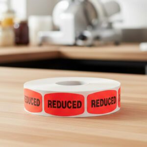reduced sticker on a red label with black text