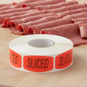 sliced sticker on a red label with black text