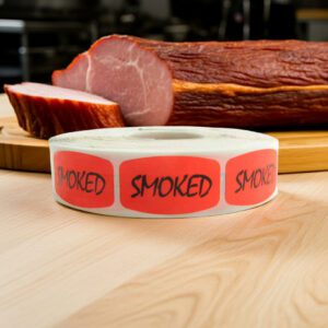 smoked sticker on a red label with black text