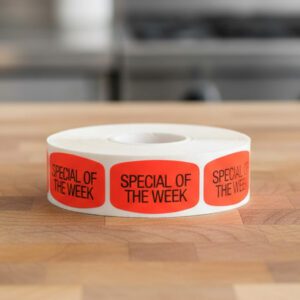 special of the week sticker on a red label with black text