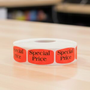 special price sticker on a red label with black text