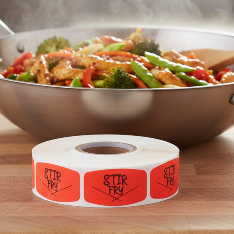 510092-Stir-Fry-Label-Butcher-Sticker stir fry sticker on a red label with black text