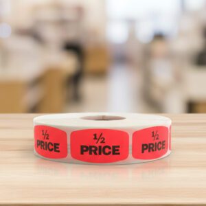 half price sticker on a red label with black print