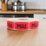mild sticker on a red label with black text