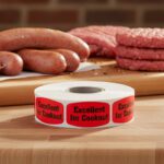 excellent for cookout sticker on a red label with black print