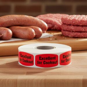 excellent for cookout sticker on a red label with black print