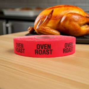 oven roast sticker on a red label with black text