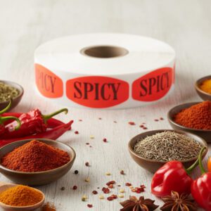 spicy sticker on a red label with black text