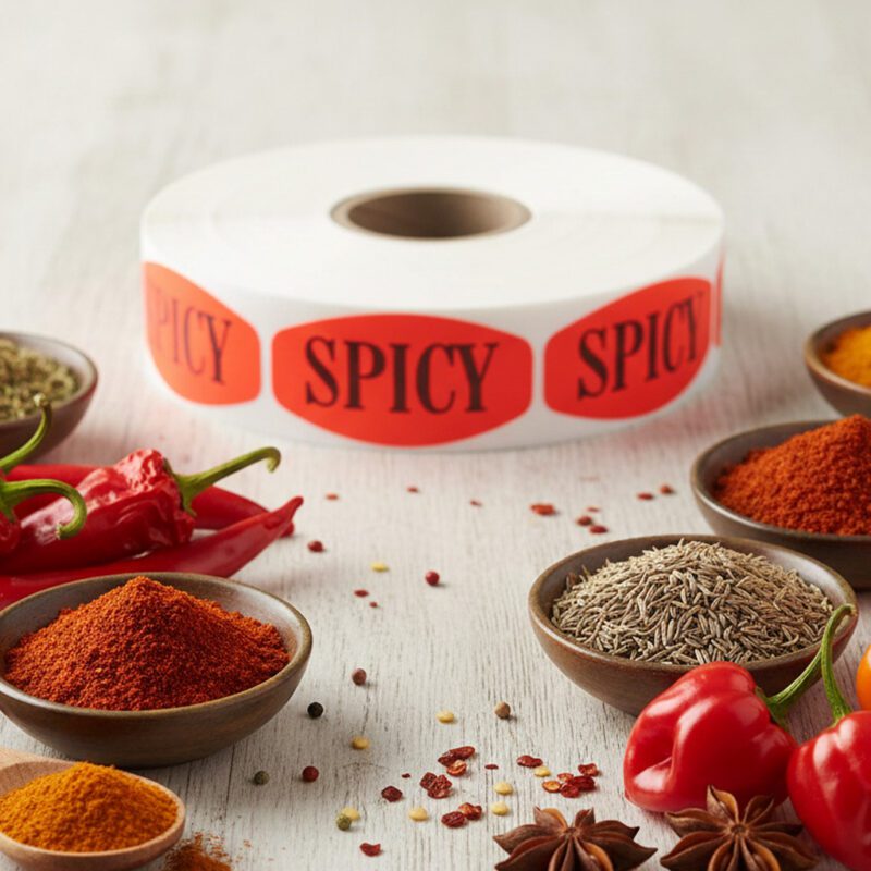 510183-Spicy-Label-Stickers spicy sticker on a red label with black text