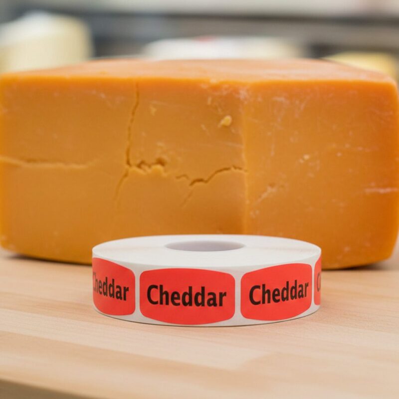 520008-Cheddar-Cheese-Deli-Label cheddar sticker on a red label with black print