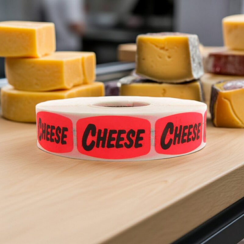 520009-Cheese-Label-Stickers-Red-with-Black-Print cheese label on a red dayglo sticker