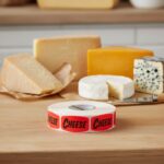 cheese label on a red dayglo sticker shown with cheese in the background