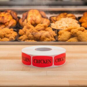 chicken sticker on a red label with black print