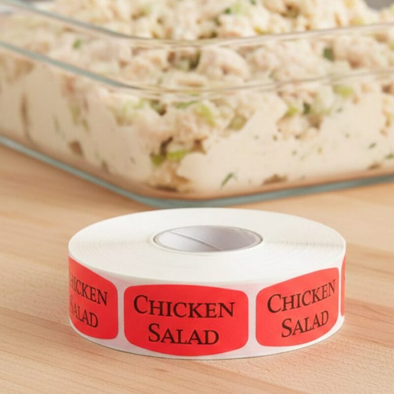 520012-Chicken-Salad-Deli-Label-Stickers chicken salad sticker on a red label with black print